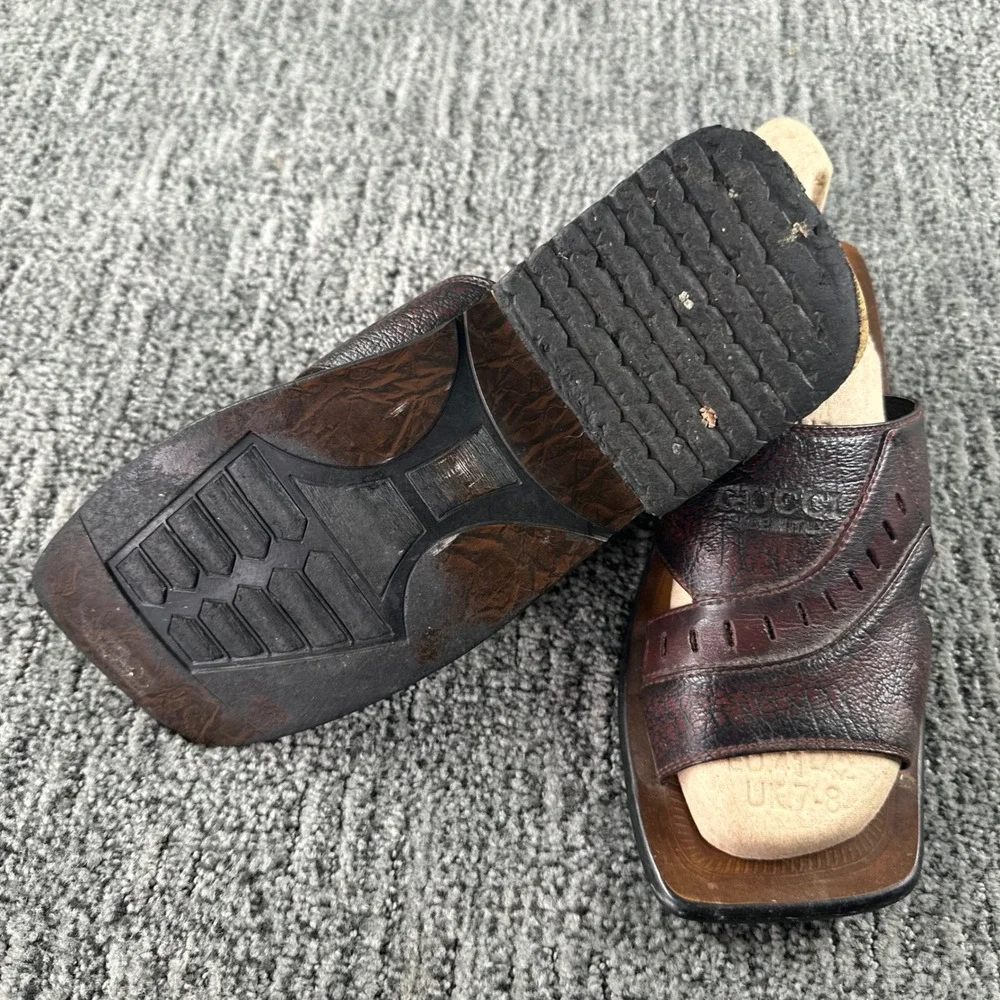 VTG Gucci Slide Sandals Mens 9 Dark Brown Leather Square Toe Made in Italy